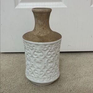 Clay Shoulder Embossed Vase White & Brown 10” tall 5”wide decorative vase